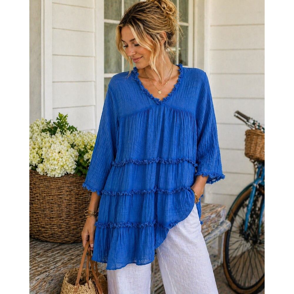 Meo Meli Blue Cotton Gauze Tiered Tunic Top Sz M Frayed Trim Lagenlook Boho